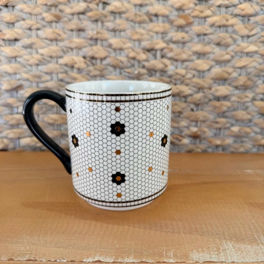 Anthropologie Coffee Mug Monogram Letter S Gold & Black Bistro Tile Honeycomb
